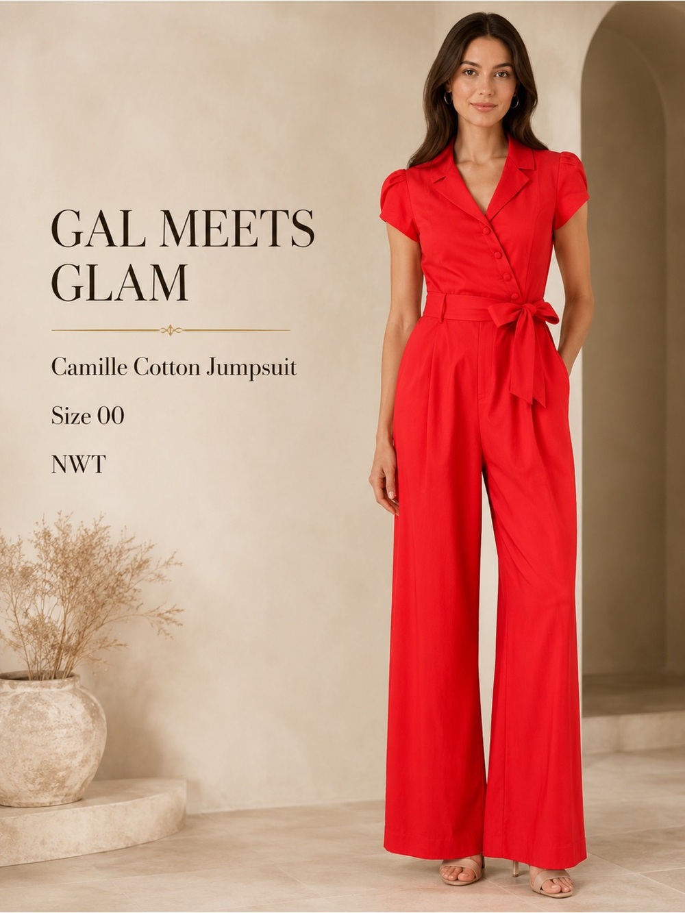 Gal Meets Glam Collection Camille Cotton Wide Leg Jumpsuit Red Size 00 NWT
